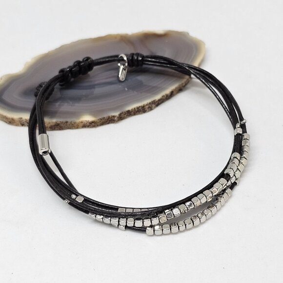 Fossil Brown Leather Multi Cord Silver Tone Beads Bracelet Boho - Picture 11 of 12